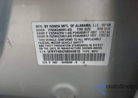 2009 Honda Pilot Ex z USA, uszkodzony, nr VIN 5FNYF48429B044810